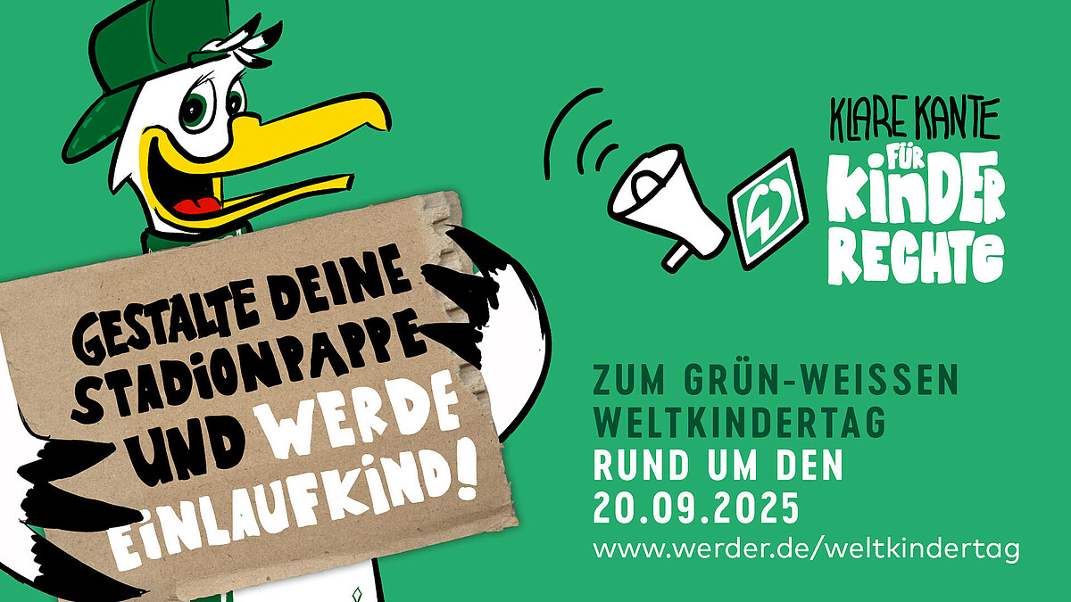 Möwe Toni hält eine Pappe und ruft zum Mitmachen auf. Zudem wird für den Weltkindertag am 20.09.2025 geworben.