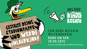 Aufruf zum Mitmachen beim Grün-Weißen Weltkindertag, auf dem Möwe Toni mit einem Plakat zu sehen ist. 