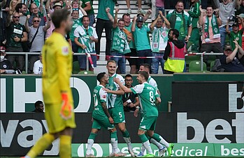 Die Werder-Spieler bejubeln die zwischenzeitliche Führung.