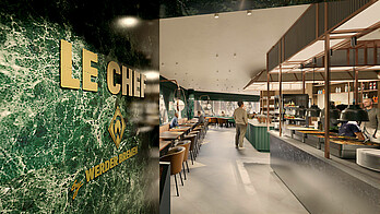 Eine Animation der neuen Werder Loge. Es sitzen Personen an dekorierten Tischen. Le Chef steht in gold an der Wand.